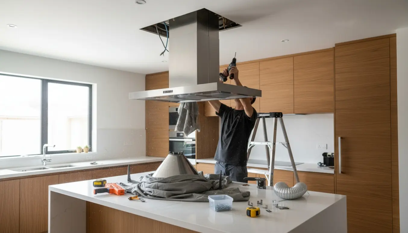 Håndværkere monterer en ny loftemhætte over køkkenøen med værktøj og den gamle emhætte lagt til side.