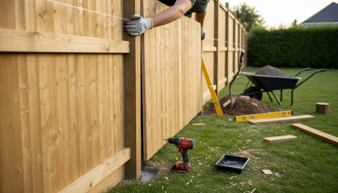 Delvist monteret træhegn i en baghave med værktøj og håndværkerhænder.