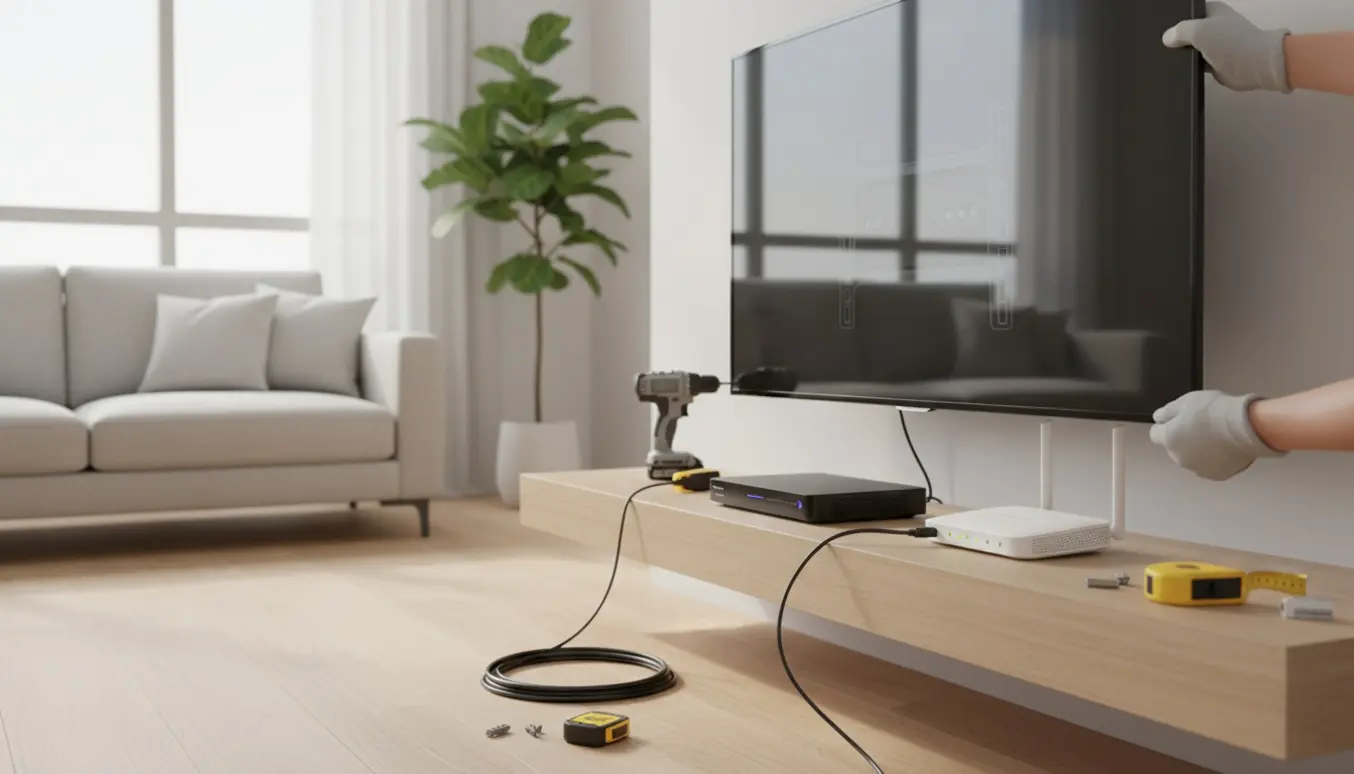 Hænder forbinder coax- og HDMI-kabler til et nyt vægmonteret tv i et lyst, roligt værelse.