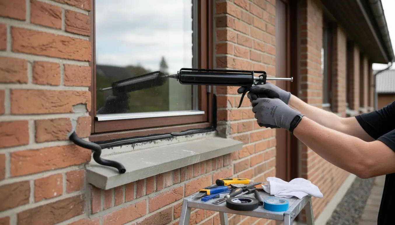 Nærbillede af påføring af sort siliconefuge rundt om et vindue på et 70'er parcelhus med værktøj og nye sålbænke i baggrunden.