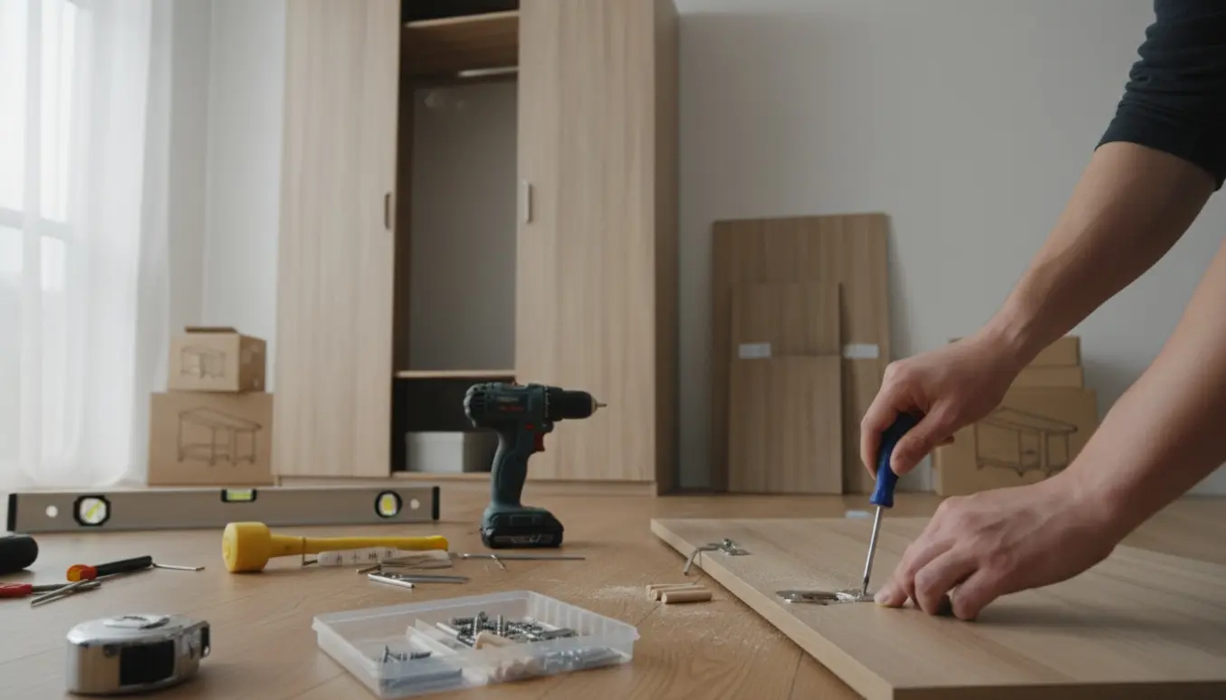 Delvist samlet 200 cm bredt fladpakket garderobeskab med værktøj på trægulv i lyst soveværelse.