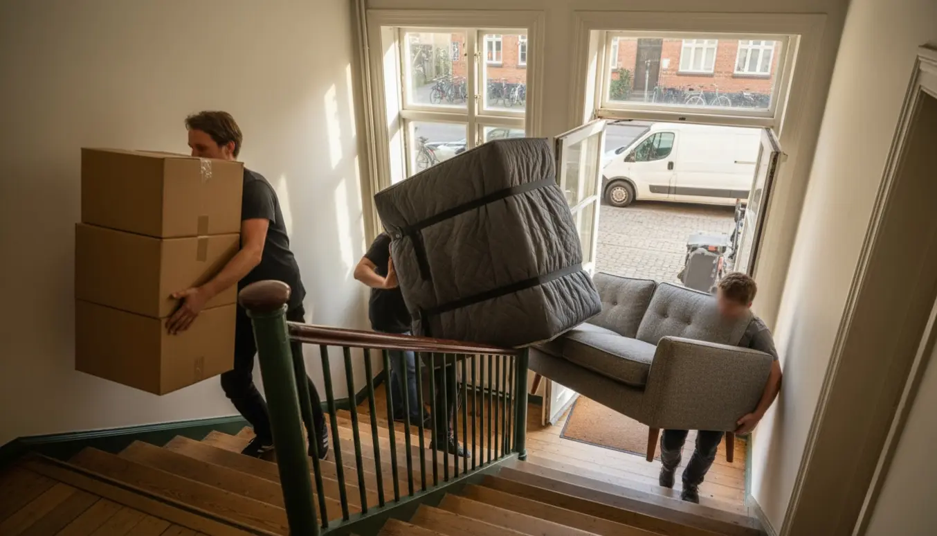 Flyttekasser og et indpakket vinskab bæres ned ad en klassisk københavnsk trappe i varmt aftenslys.