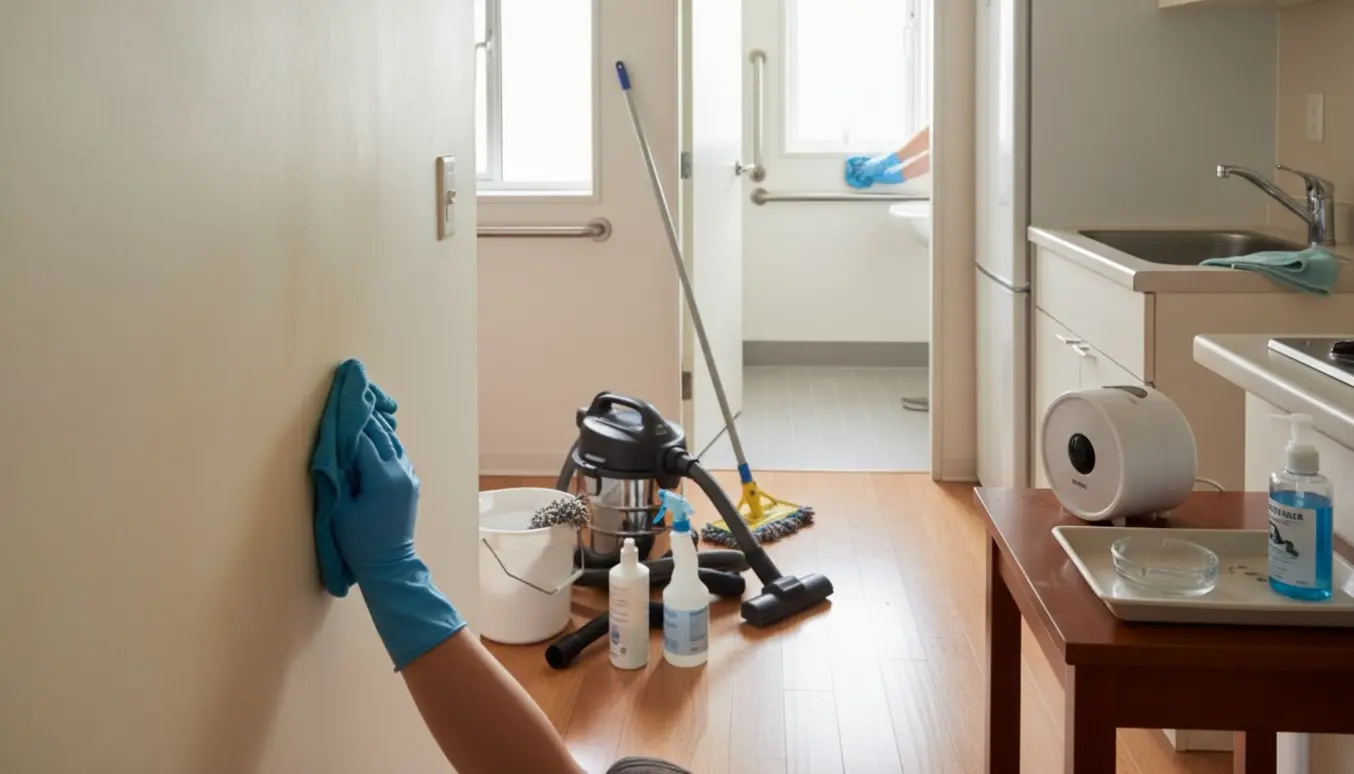 Rengøring i en plejebolig efter rygning med hands-on aftørring, støvsuger og rengøringsudstyr i naturligt dagslys.