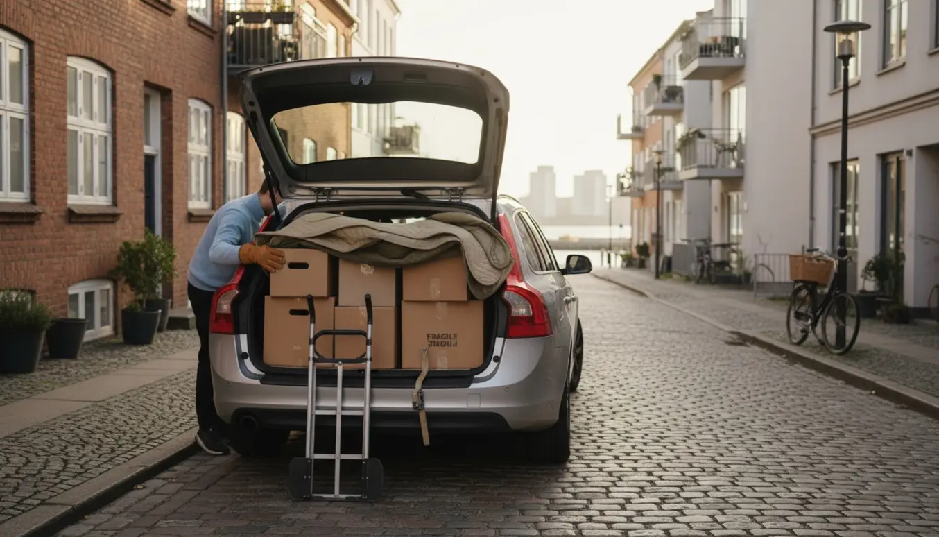 Åben bils bagagerum fyldt med flyttekasser på en rolig gade i Aarhus.
