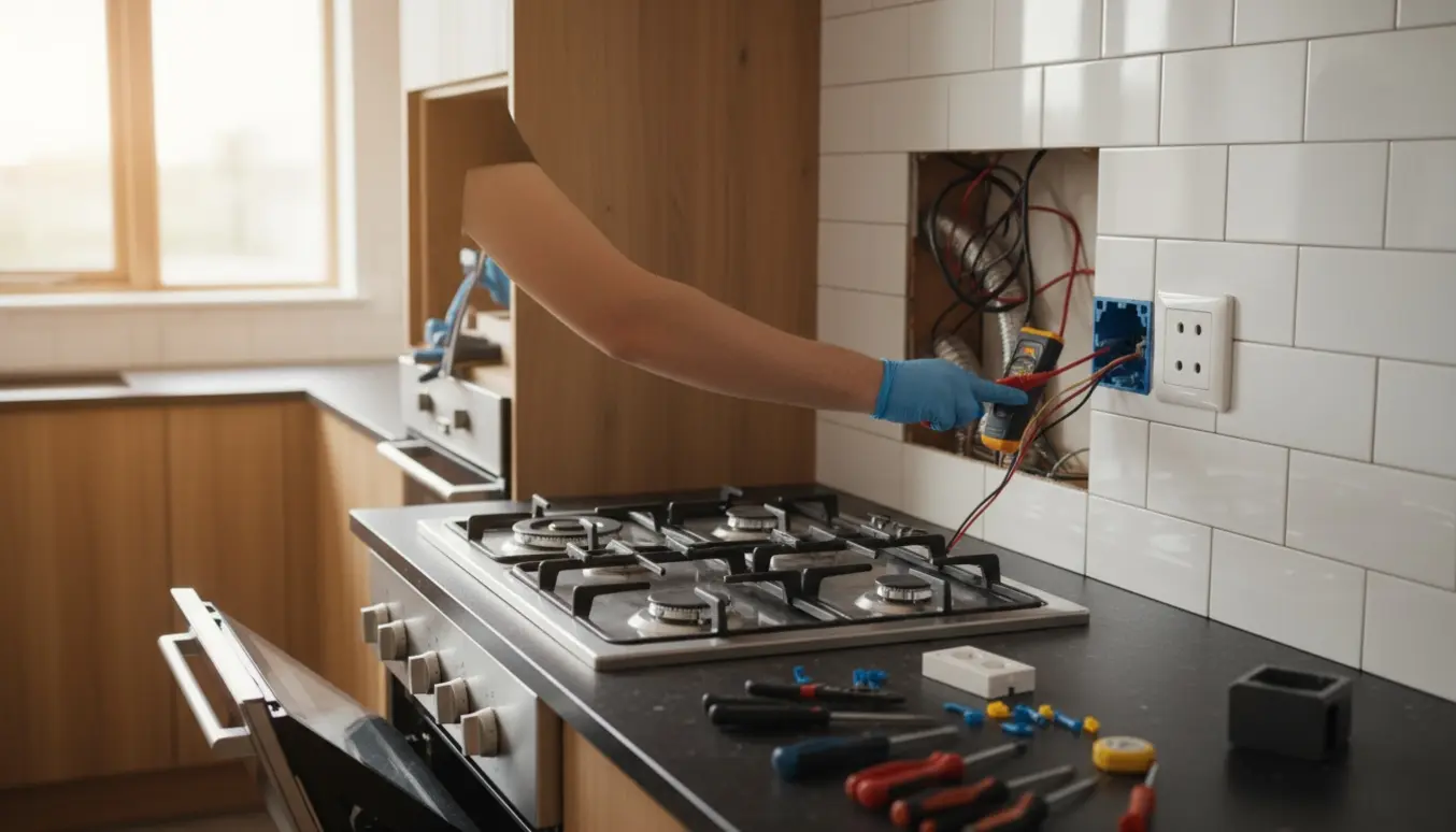 Nærbillede af handskerede hænder der monterer en stikkontakt bag et skubbet ovnmodul i et moderne køkken.