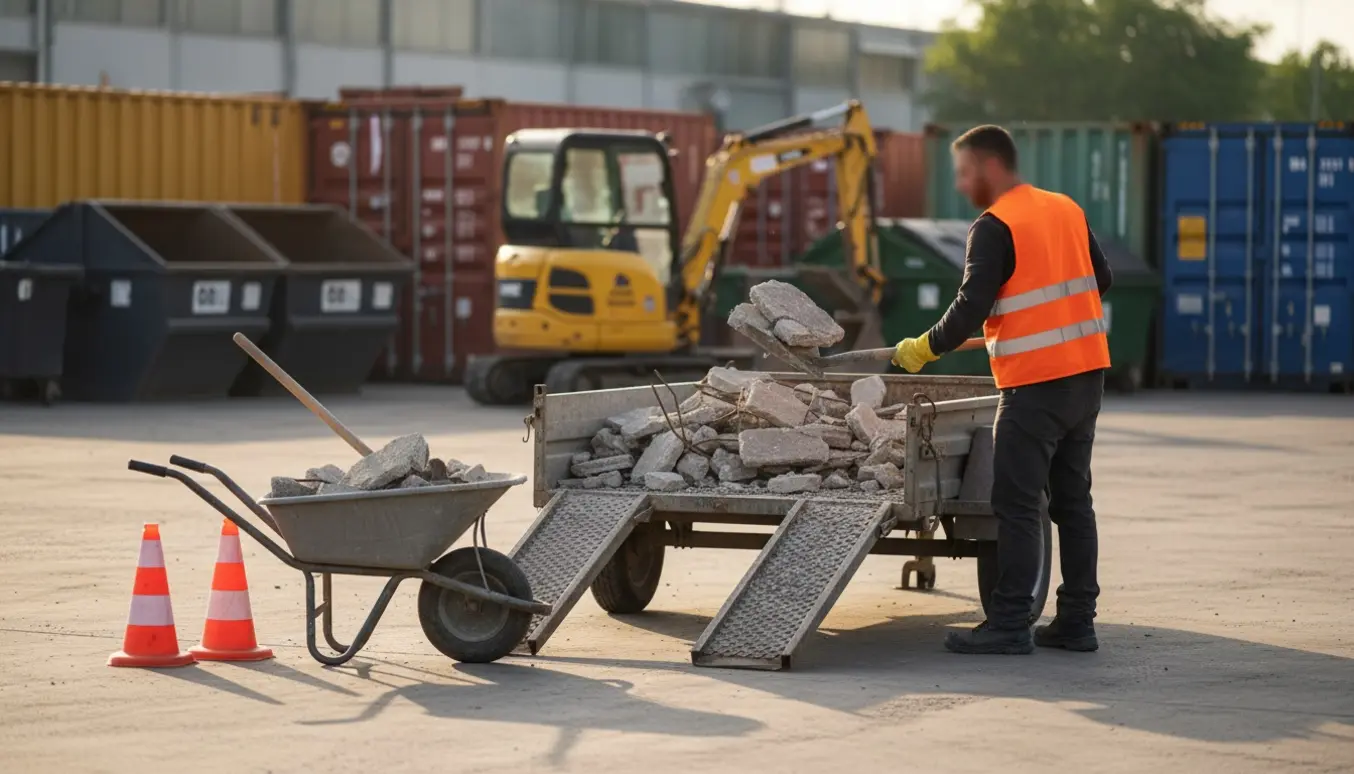 Trailer læsses med betonaffald ved en containerplads, en arbejder ses bagfra med skovl og handsker.