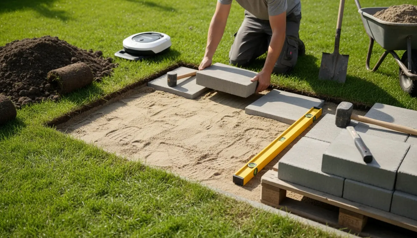 Fliser lægges på en sandpude i haven, mens en robotplæneklipper er flyttet til siden.