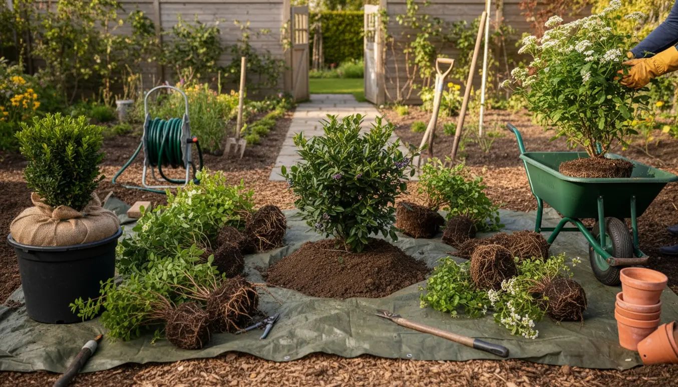 Havearbejde med 11 planter i forskellige størrelser; to under omplantning, resten samlet til bortkørsel, mens en thurian står urørt.