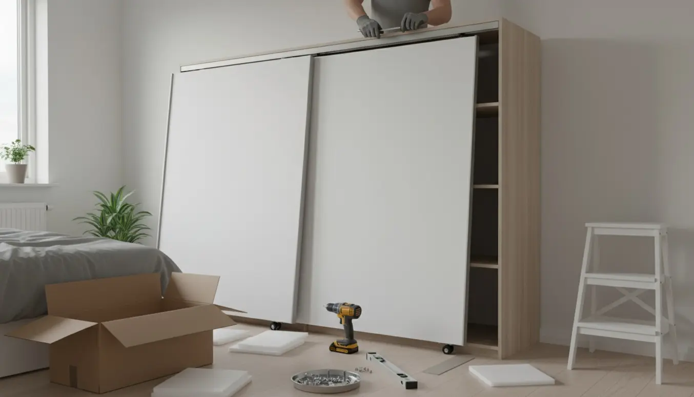 Delvist samlet skydedørsskab i soveværelse med værktøj og hænder, der justerer topbeslaget.