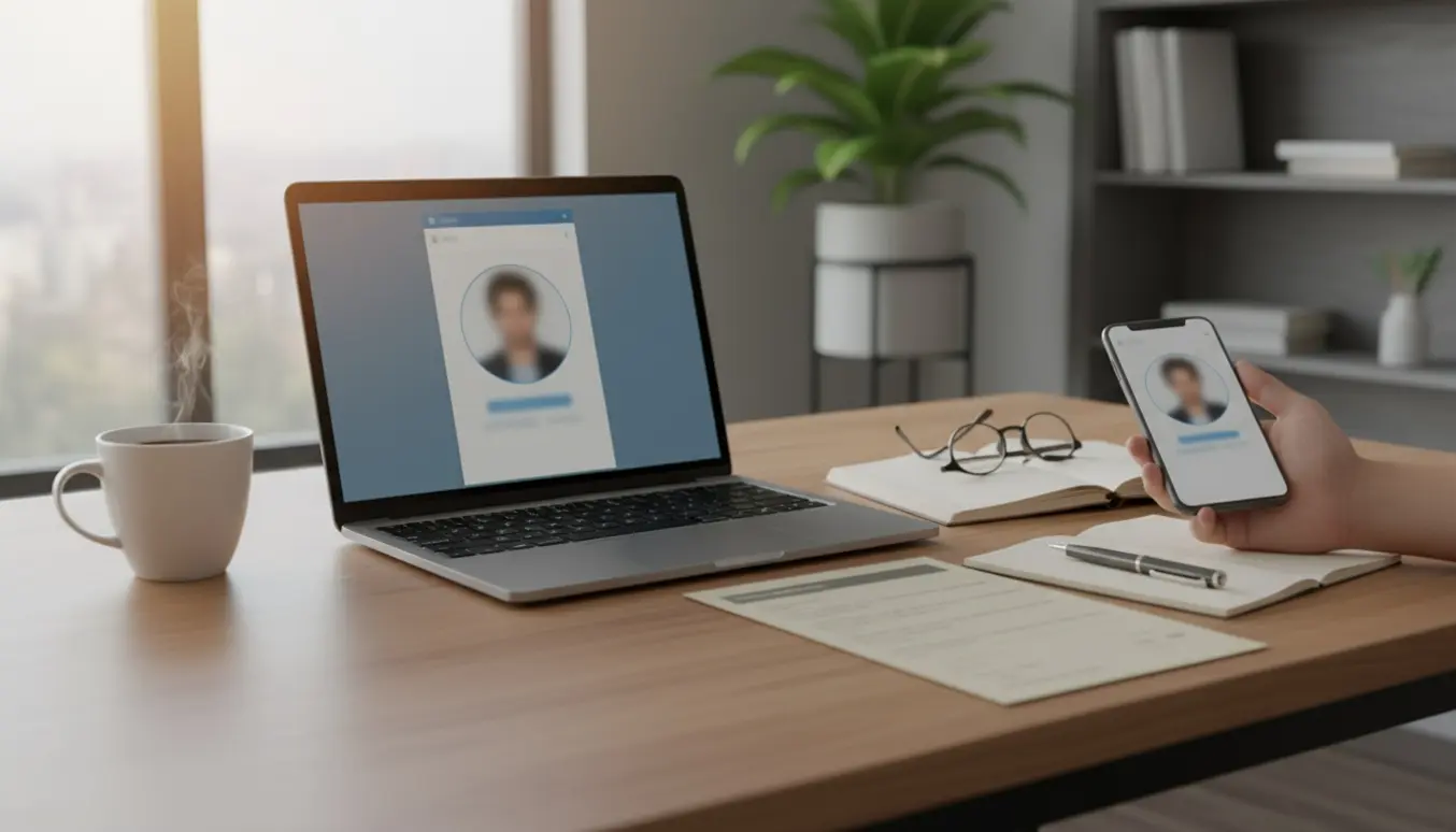 Hænder opdaterer professionel profil og profilbillede på en bærbar computer ved et ryddeligt hjemmekontor.