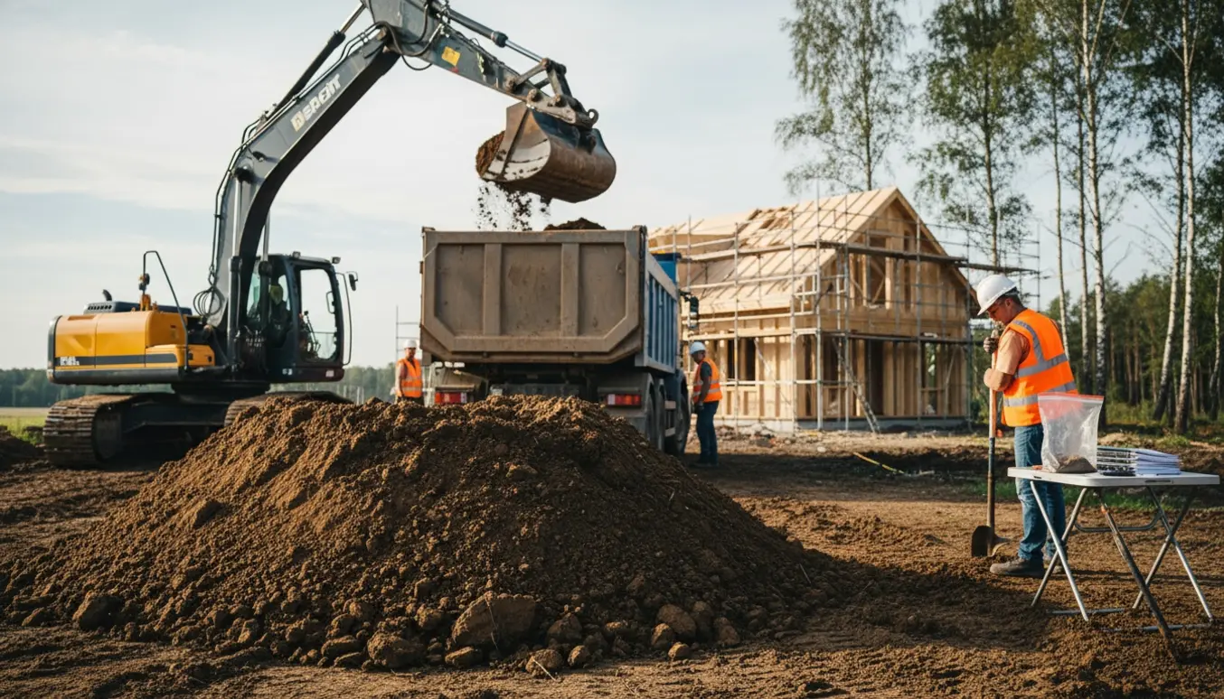 Gravemaskine laster jord i tipvogn ved et nybyggeri mens en tekniker tager en jordprøve.