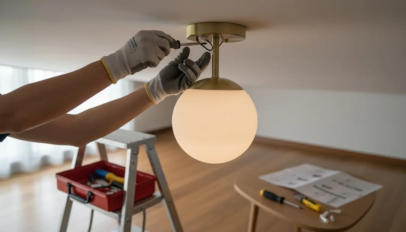 En rund loftlampe bliver installeret fra en stige, med fokus på hænderne, monteringsbeslaget og ledningerne.