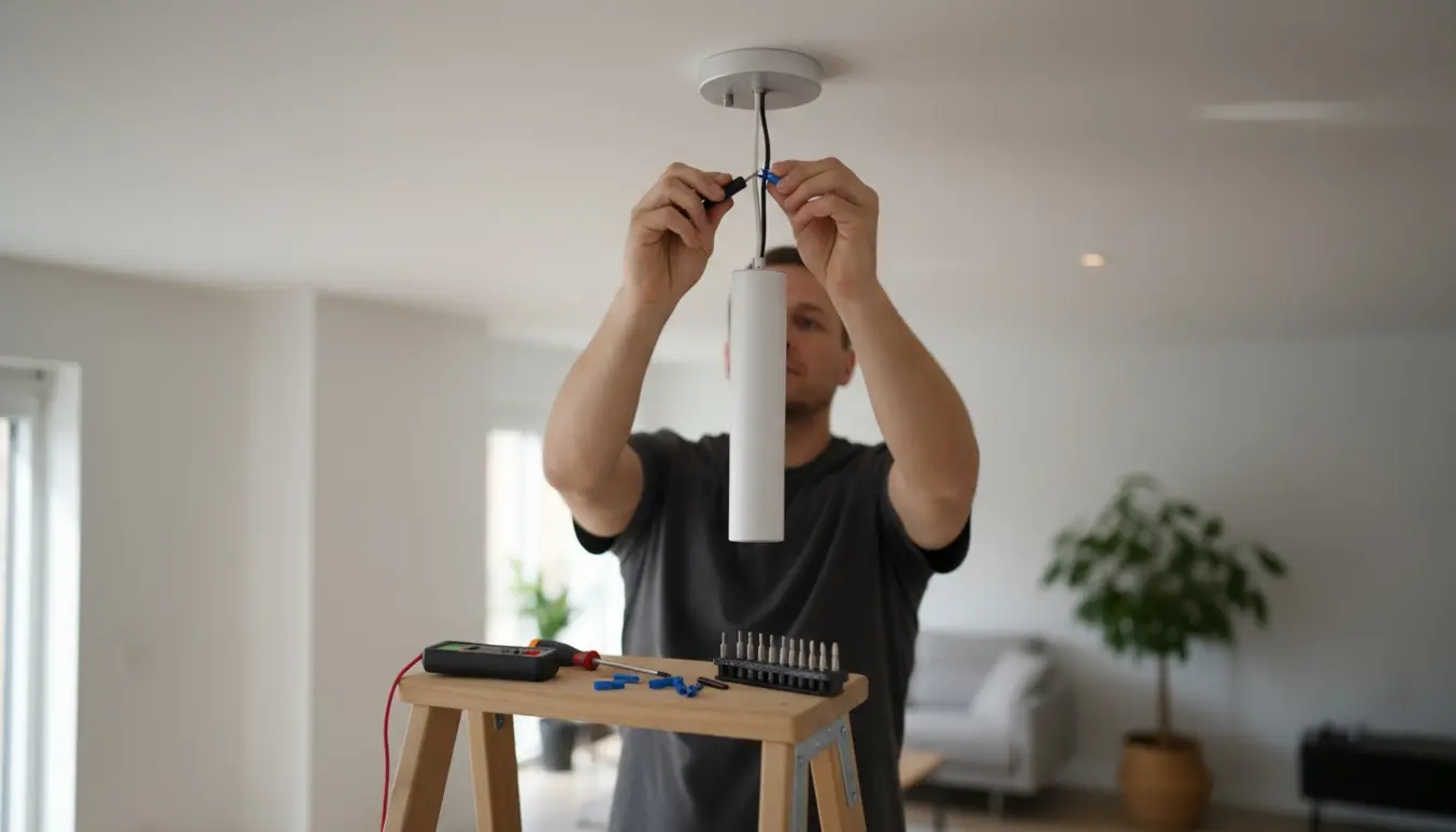 Hænder monterer en let loftlampe fra en stige og forbinder ledninger.
