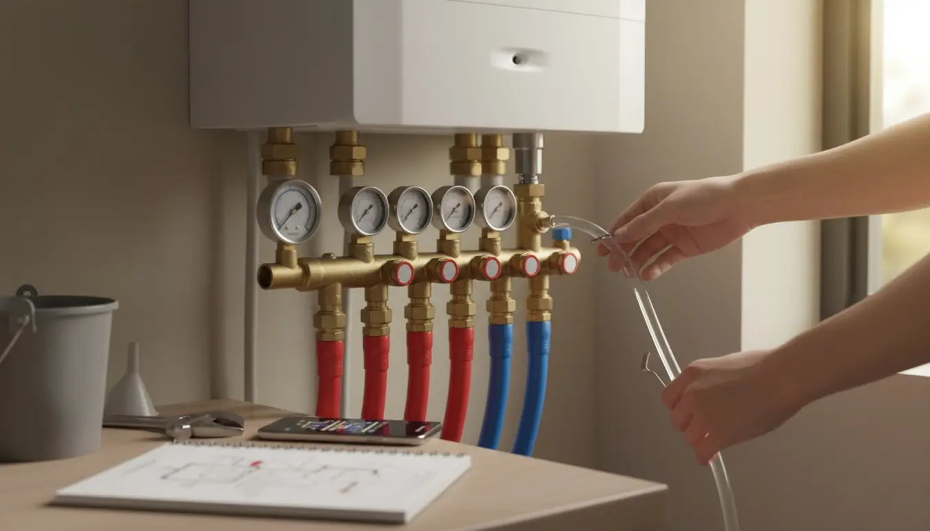 Hænder udlufter og justerer manifolden på et undergulvvarmesystem ved et gasfyr i et lyst teknikrum.