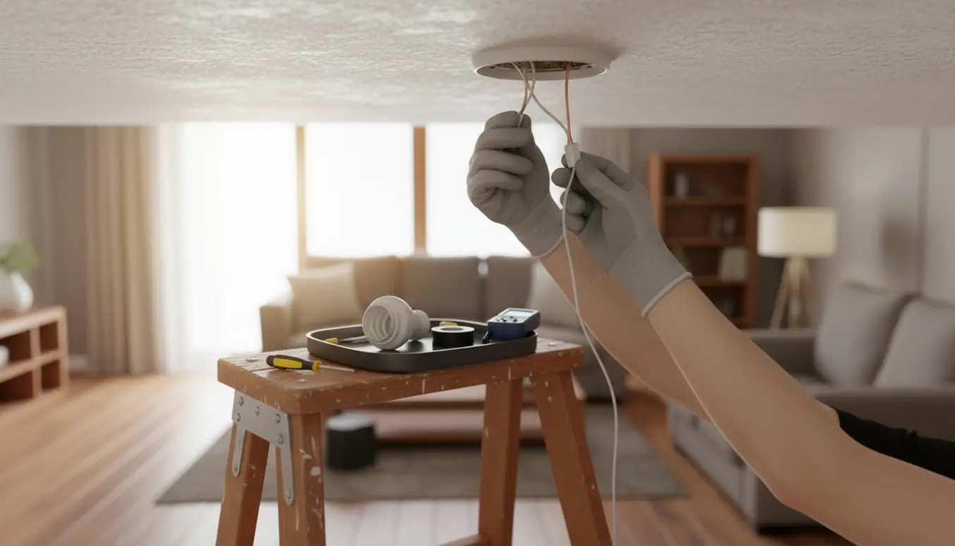 Hænder med handsker justerer en slidt loftlampe på en trappestige med værktøj på en bakke.