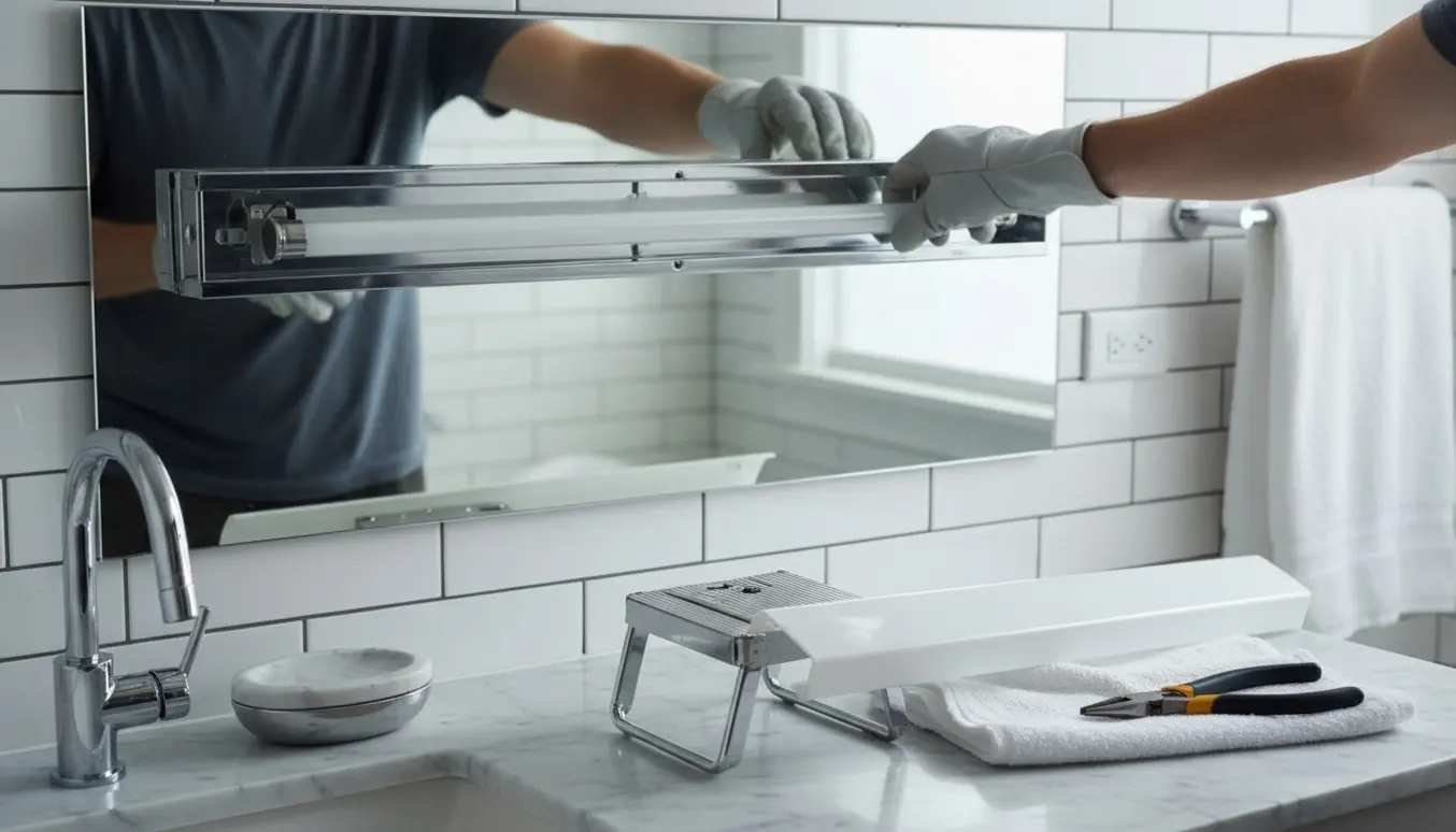 Hænder i handsker udskifter et neonrør i en lampe over badeværelsesspejlet.