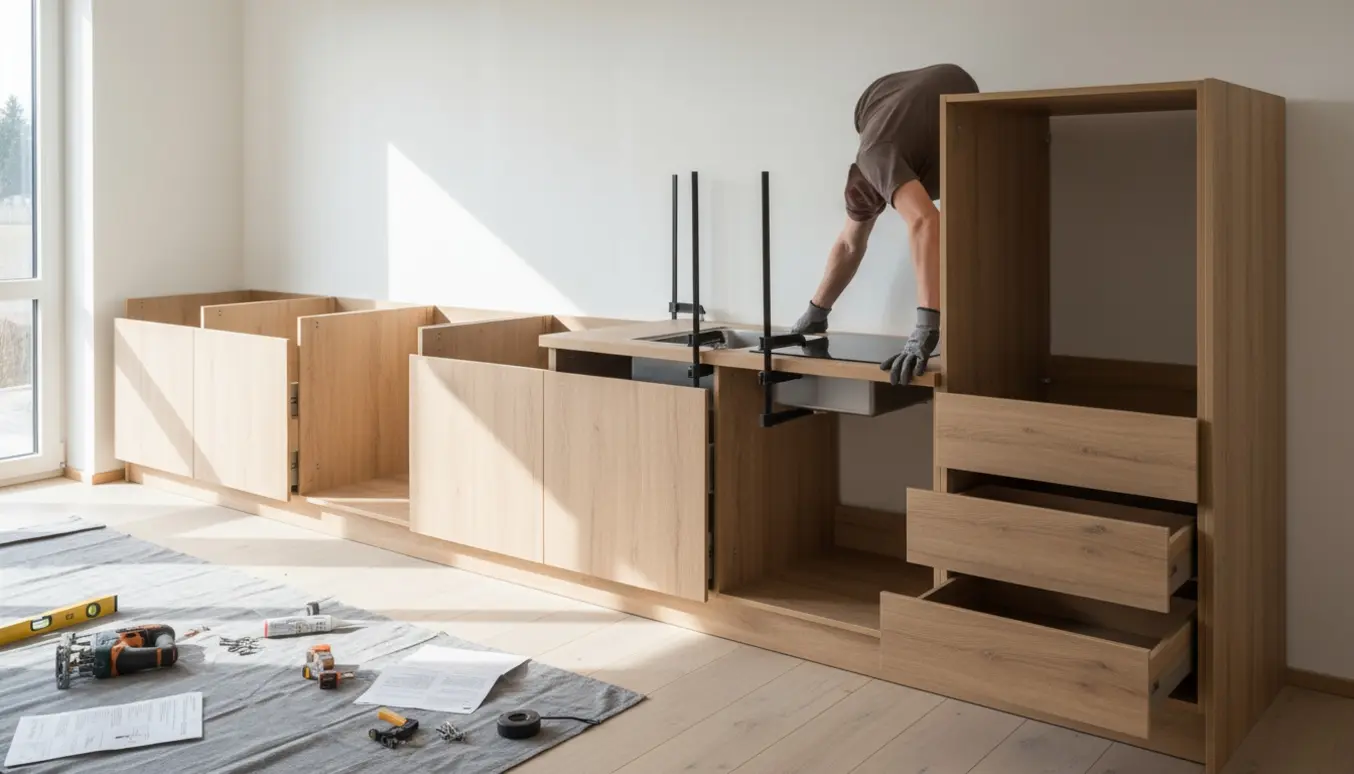 Et køkken under montering med skabsmoduler, håndværkerhænder der passer en bordplade med indsat vask og kogeplade.