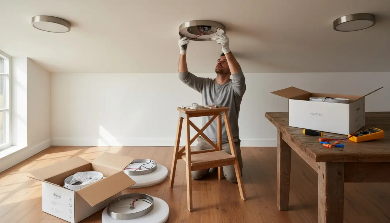 Hænder monterer en loftslampe fra en lille to-trinsstige i et lavt loft med fem matchende lamper og værktøj i rummet.