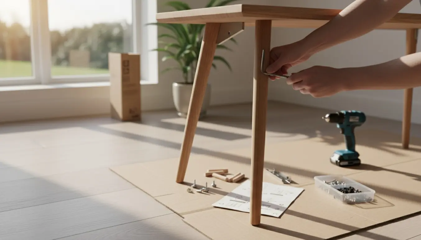 Nærbillede af hænder, der samler et konsolbord med unbrakonøgle og skruer i et lyst entré.
