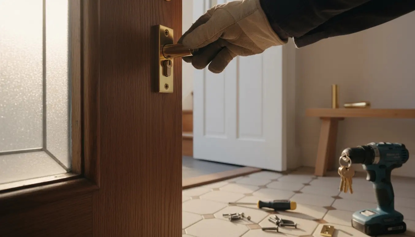 Hænder udskifter låsecylindre i hoveddør og køkkentrappe med værktøj i et lyst entré.