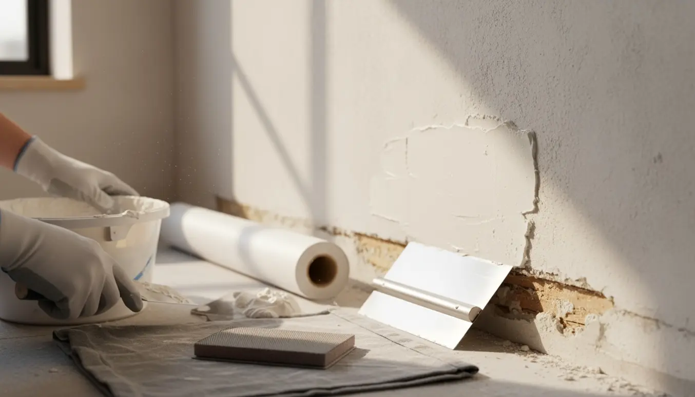 Hånd, der spartler en væg ved en fjernet træplade, med filt-rulle og værktøj klar.