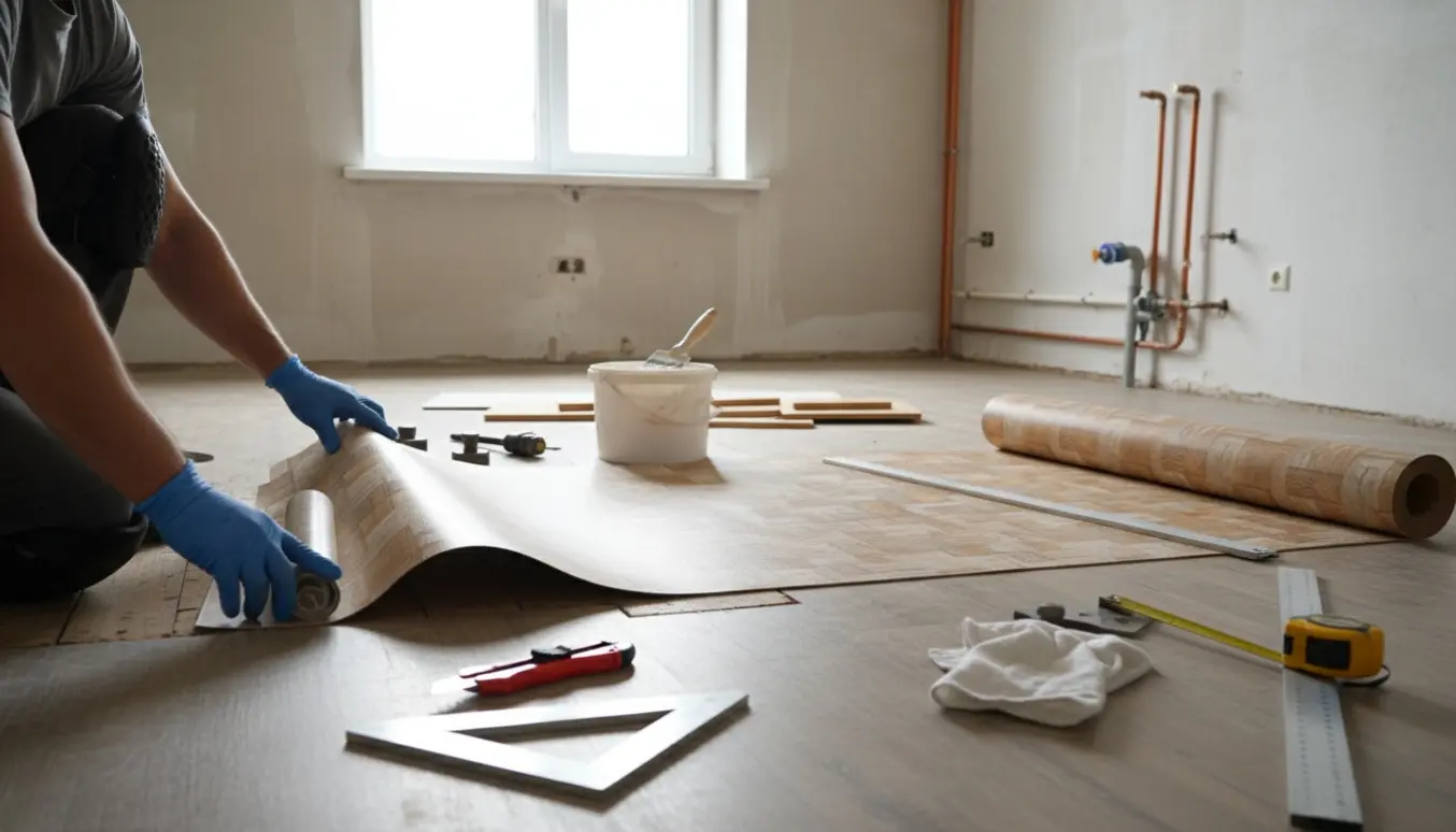 Hænder fjerner gammelt linoleum og ruller nyt linoleum ud i et tomt køkken.