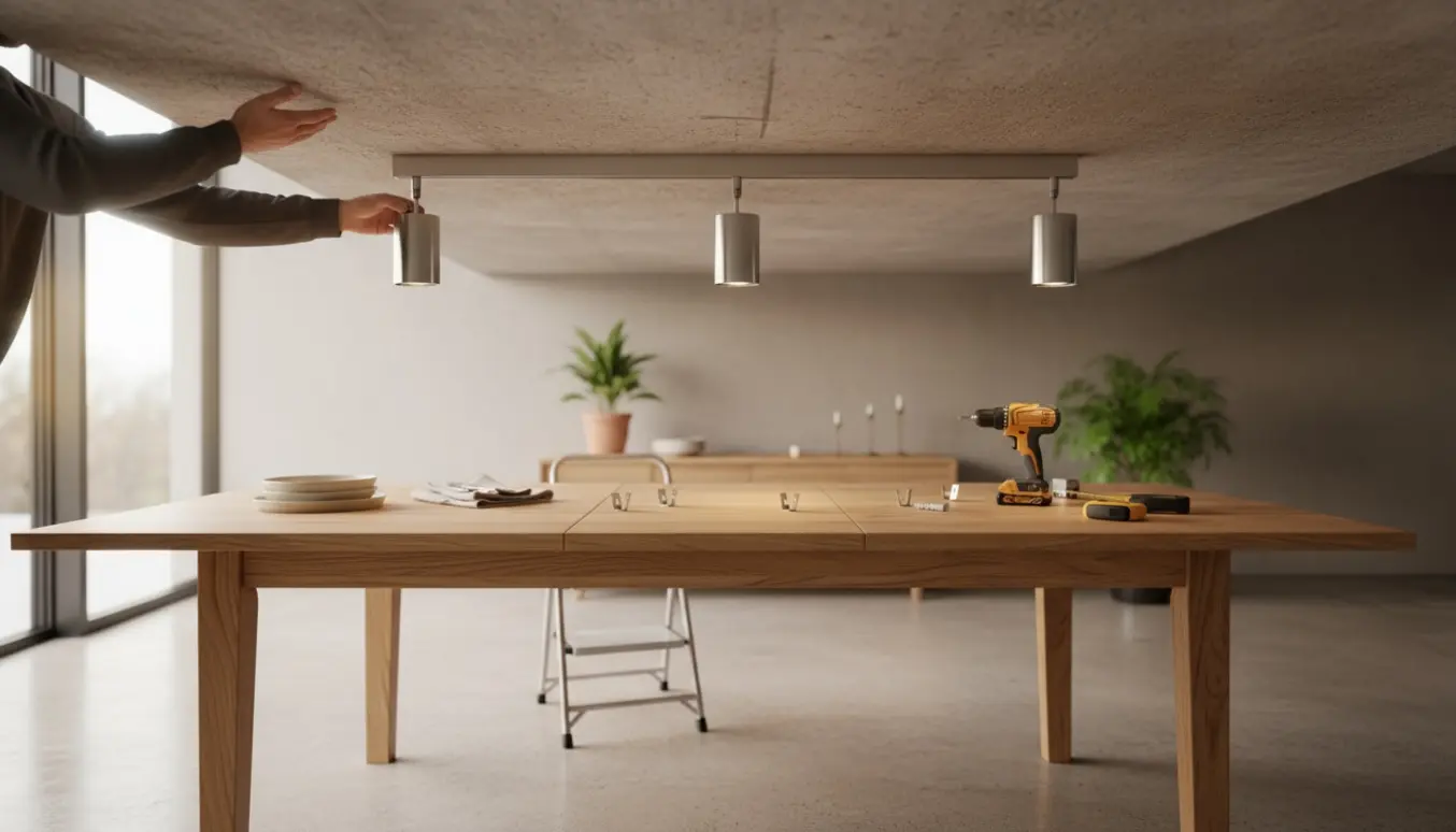 Hænder placerer en pendellampe på en skinne over et udtræks-spisebord i et lyst rum.