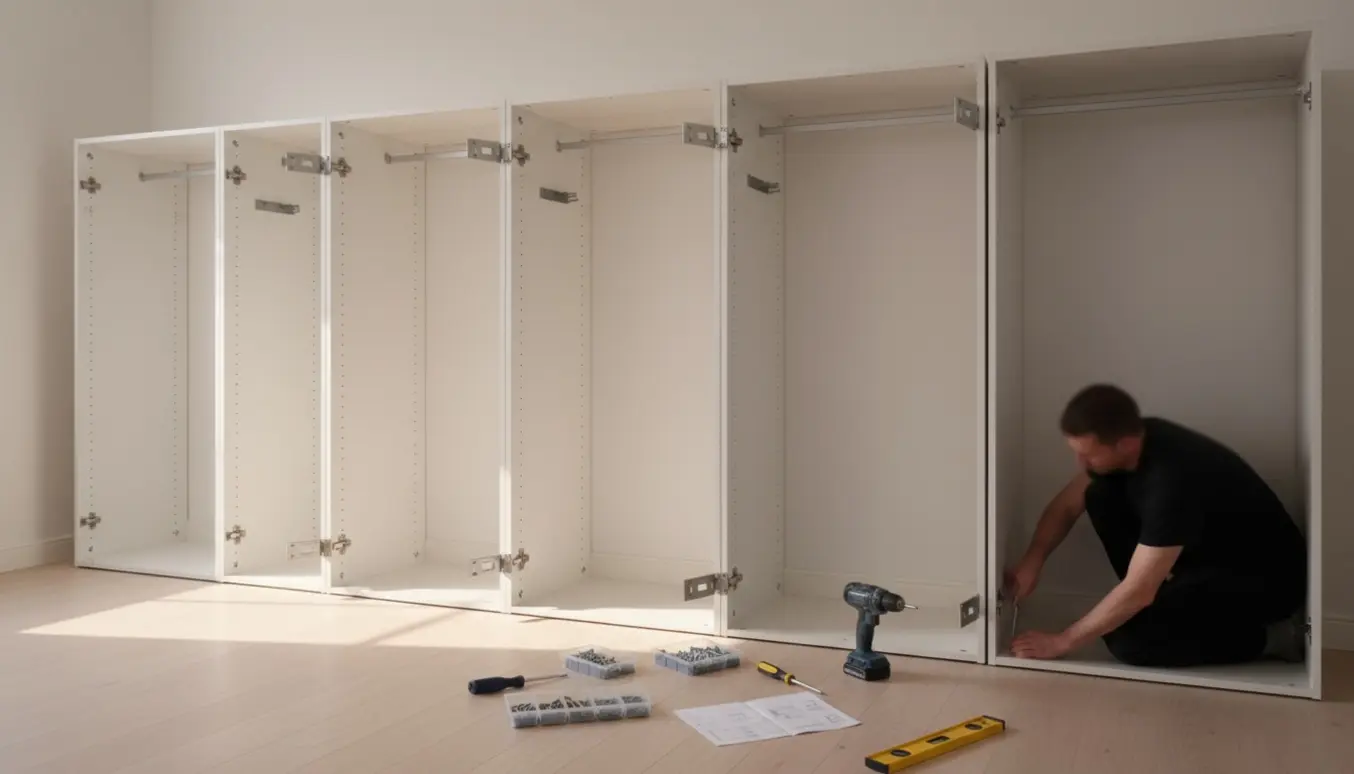 Fem delvist samlede Pax-garderobeskabe i et lyst rum med værktøj og hænder, der monterer beslag.