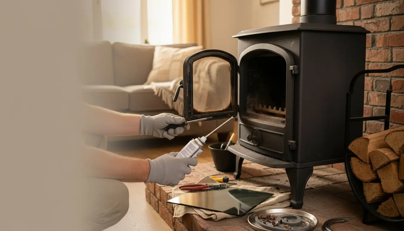 Nærbillede af handsker og værktøj, der udskifter glas i en brændeovn.