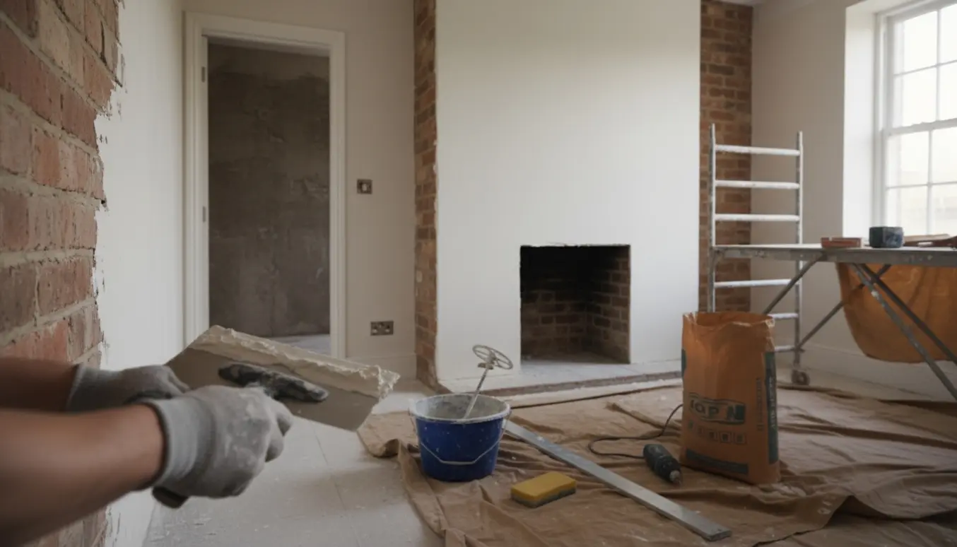 Hænder fuldpudser en murstensvæg indendørs med glat finish, med halvt pudset pejsområde og et badeværelse med fjernede fliser i baggrunden.