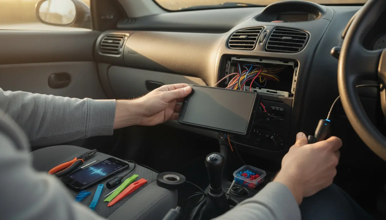Instrumentbræt i en Peugeot 206 med den gamle radio fjernet, værktøj, ledninger og en iPhone klar til musikstreaming.