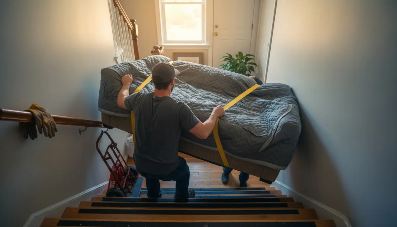 To personer bærer en indpakket sofa op ad en lejlighedstrappe med flyttetæpper og løftestropper.