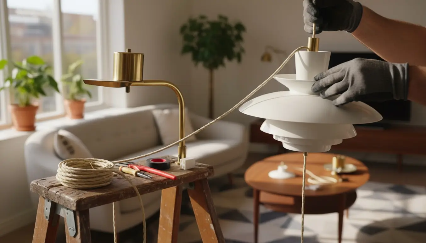 Hænder udskifter stofledning og monterer en PH 5 pendel med svanehals i loftet.