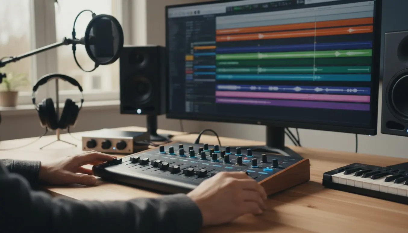 Nærbillede af hænder, der mixer en sang ved et kontrolpanel med en sløret multitrack-session på skærmen og studiemonitors i baggrunden.