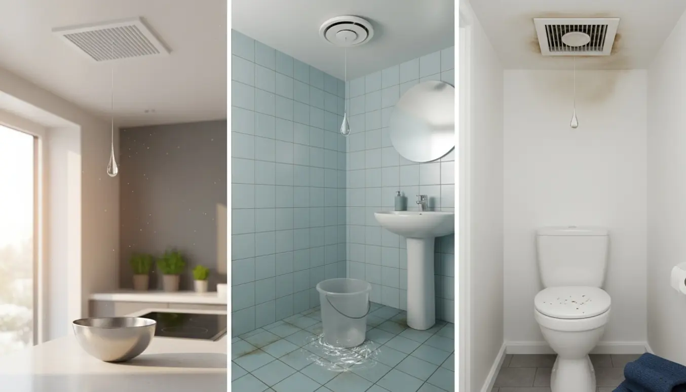 Tre loftsudluftninger i køkken, badeværelse og toilet, hvor vand drypper ned i spande og på overflader.