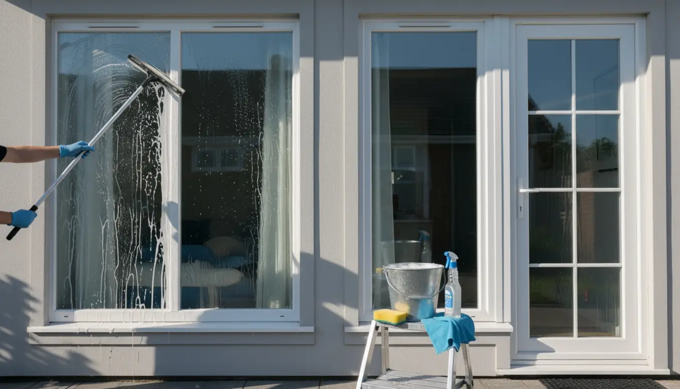 Hænder pudser fire store vinduer og en glasdør med squeegee, spand og klude på husets facade.