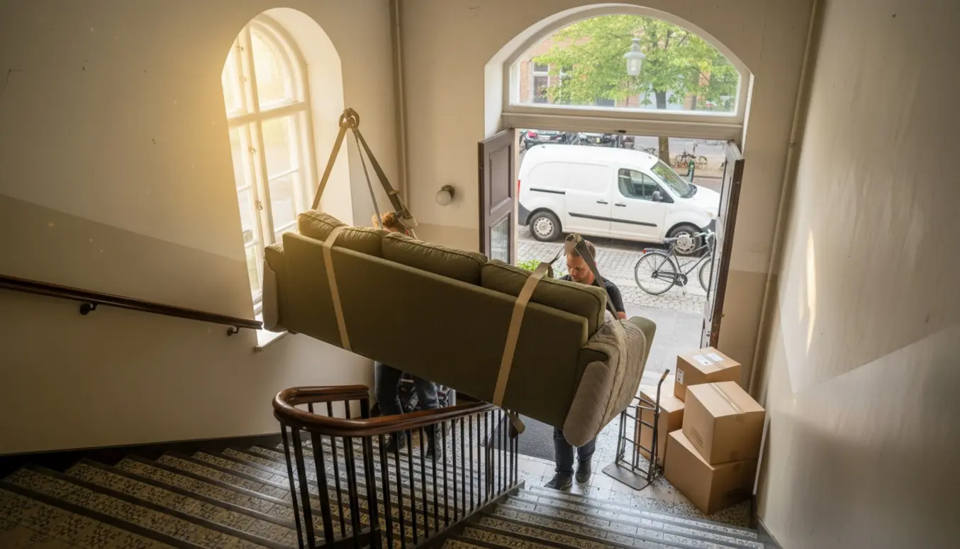 To flyttemænd bærer en trepersoners sofa ned ad en københavnsk opgang med varevogn ventende ude på gaden.