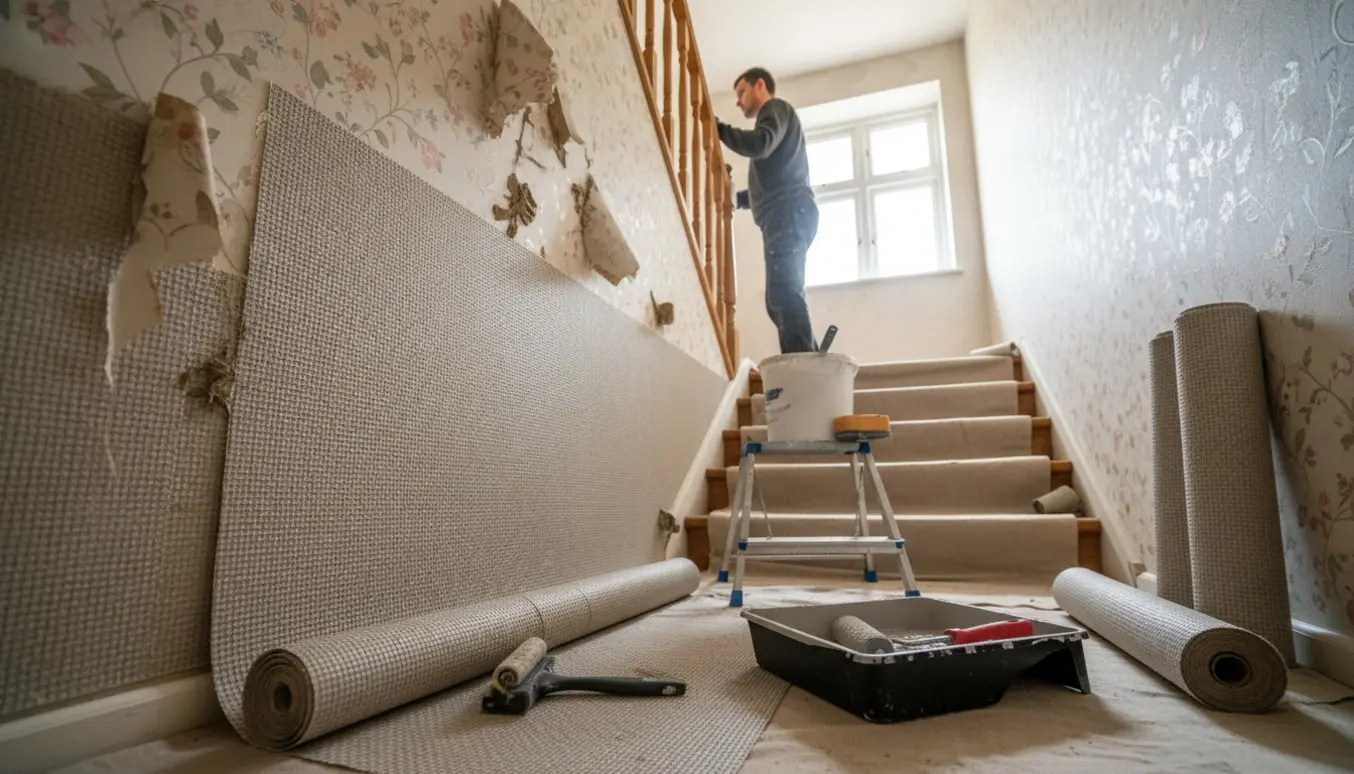 Entré og trappeopgang under renovering, hvor gammelt tapet fjernes, glasfilt opsættes og væggen klargøres til maling.