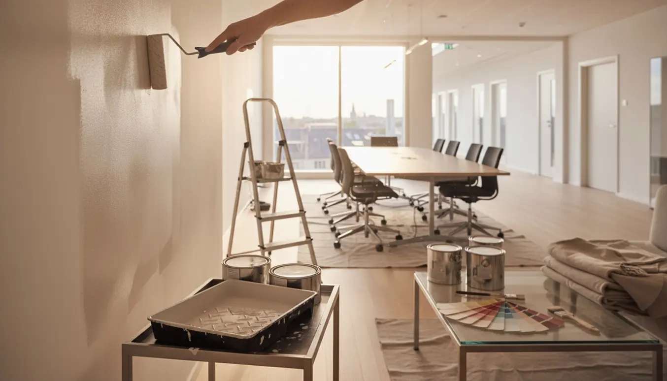 Hænder maler en væg i et moderne kontorhotel med malerudstyr og farveprøver.