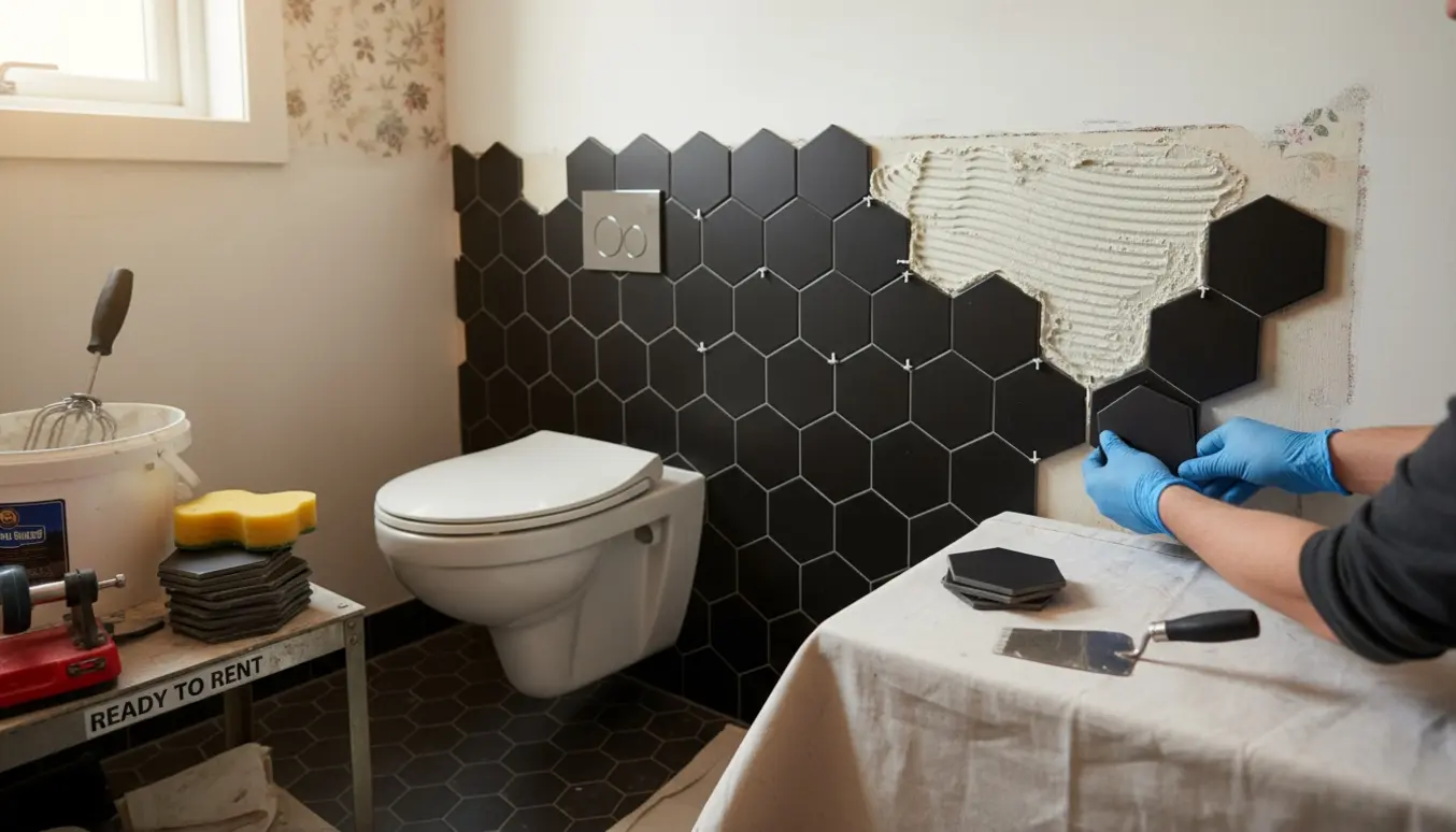 Opsætning af hexagon klinker på væg i et lille toilet med værktøj og primet overflade.