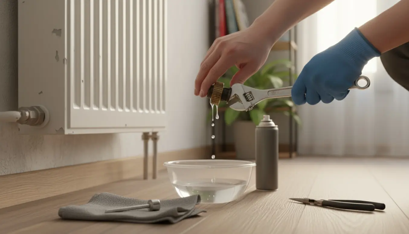 Nærbillede af hænder, der løsner en fast termostatventil på en hvid vandradiator med værktøj og skål til opsamling af vand.