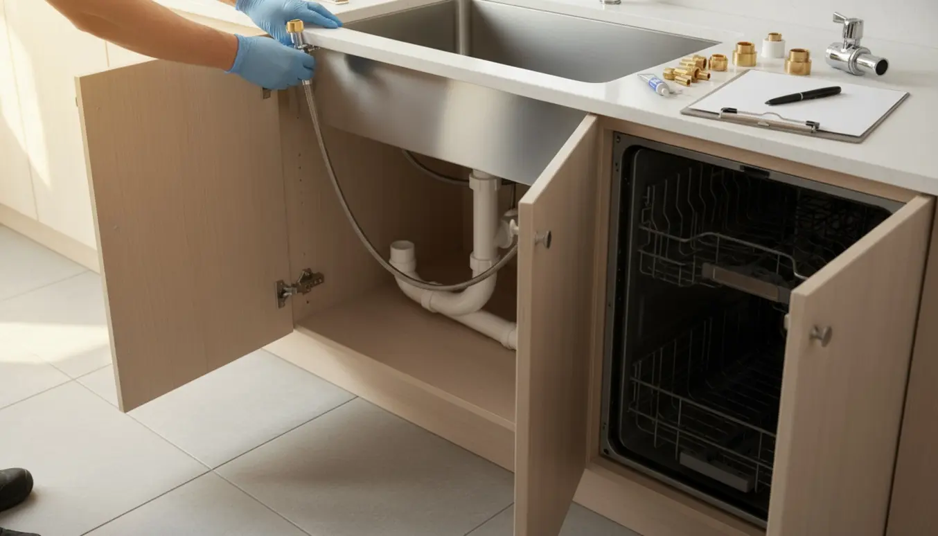 Hænder tilslutter vand og afløb under køkkenvasken for at forberede en opvaskemaskine.