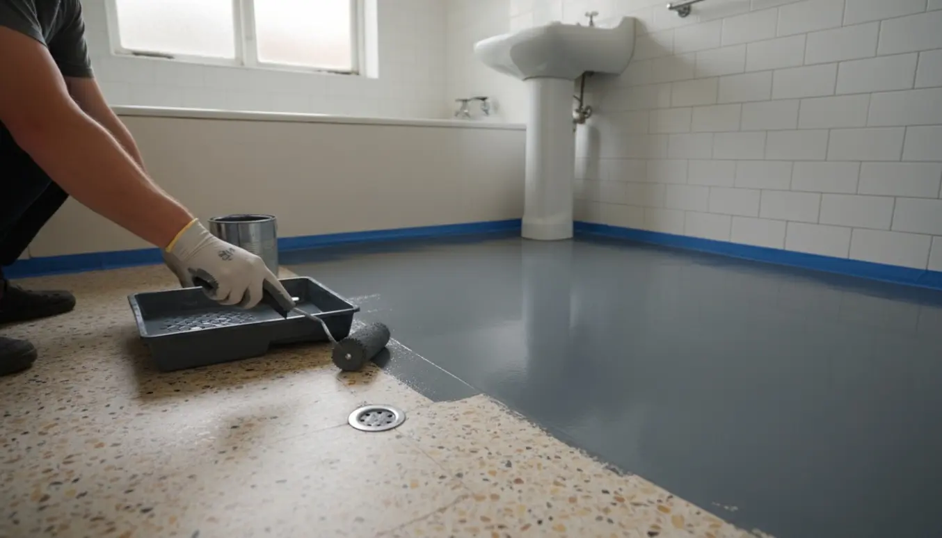 Nærbillede af et gammelt terrazzo badeværelsesgulv delvist malet mørkegråt med en malerrulle og malerbøtte.
