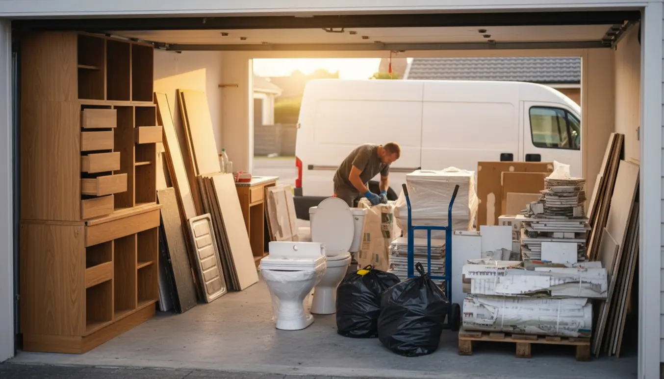 Sorteret byggeaffald fra køkken og badeværelse stablet i en garage med varevogn parkeret ved døren.