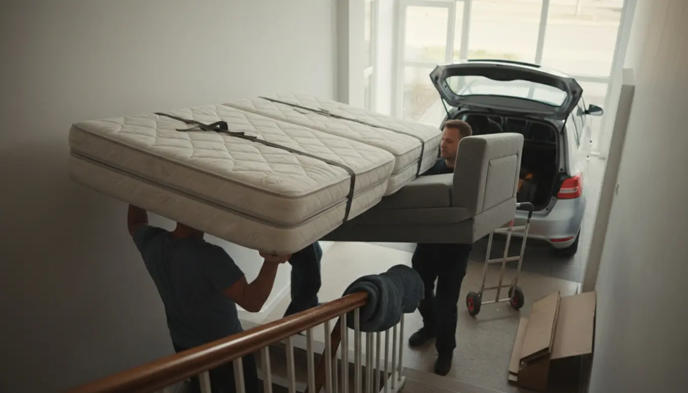 Personer bærer to senge og en smal sovesofa ned ad trappen og læsser dem i en åben bil.