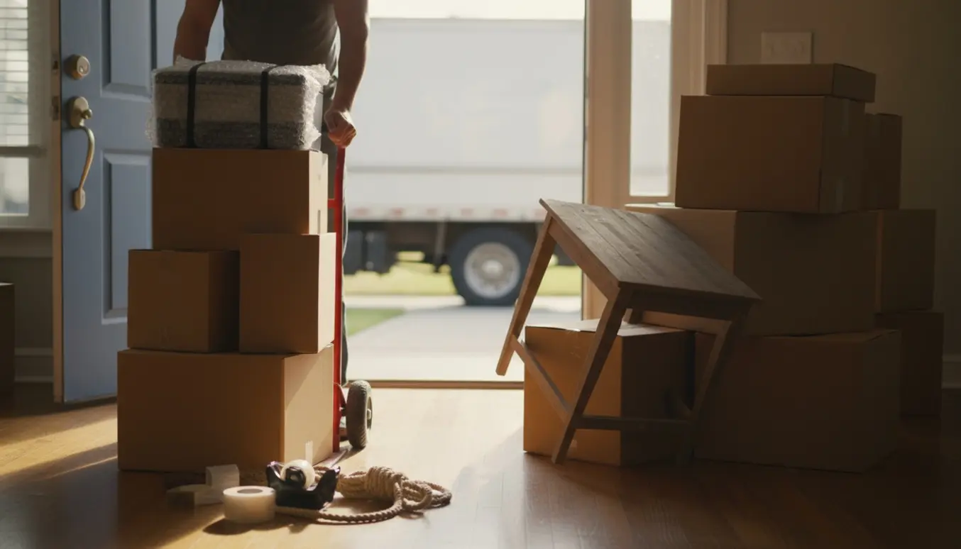 Syv flyttekasser, et lille bord og en printer samlet ved en åben dør under en flytning.