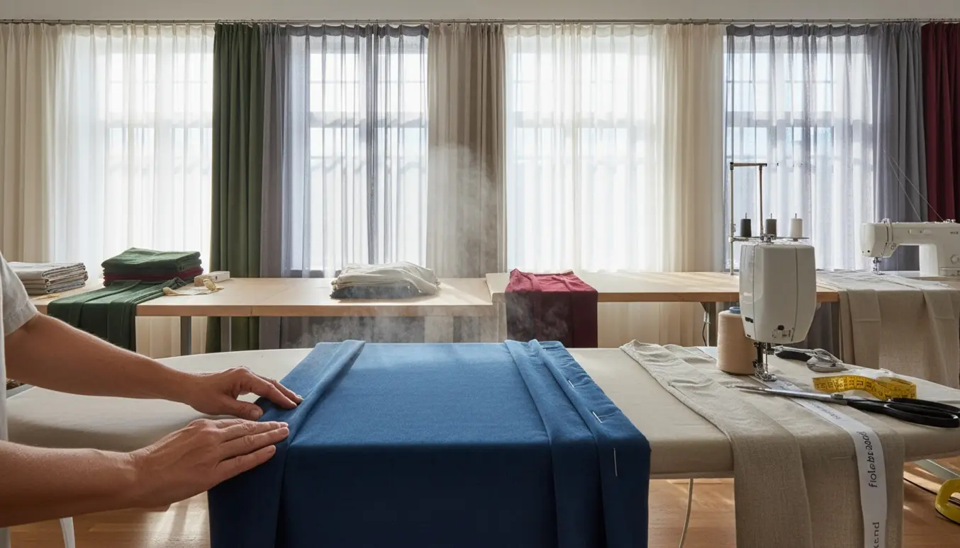 Hænder tilpasser loft-til-gulv-gardiner ved at lægge dem 5–10 cm op, sy foldebånd og glatte sømmene med strygejern.