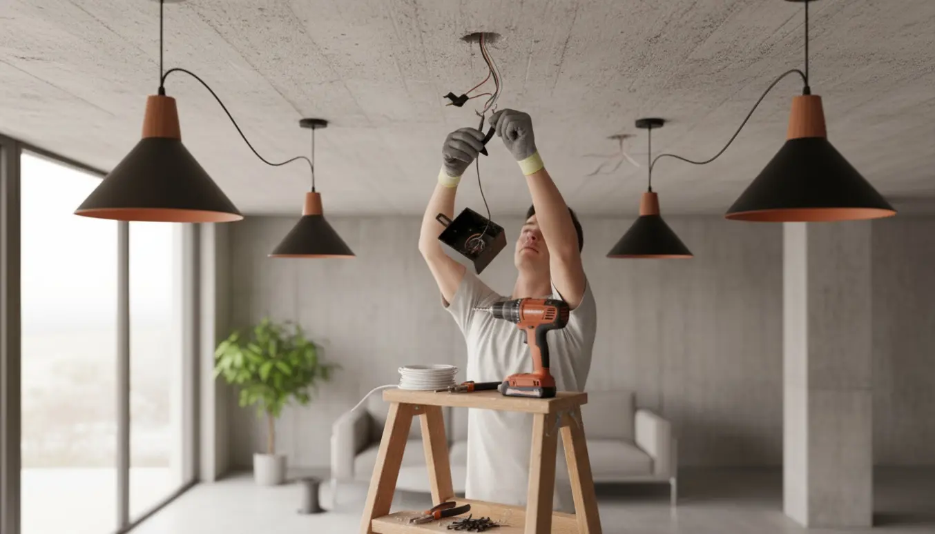 Installatør hænger seks lamper i et betonloft og tilslutter nye ledninger.