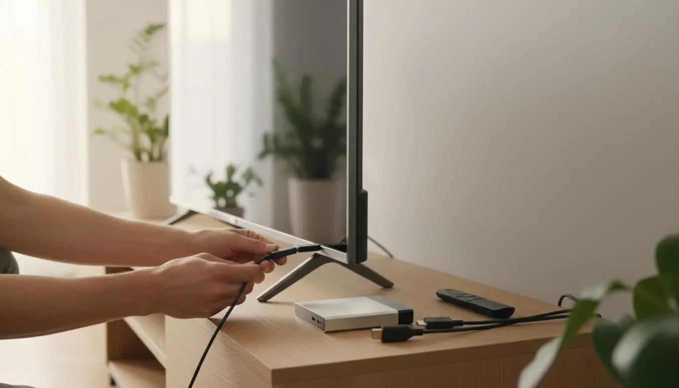 Hænder tilslutter en ekstern harddisk til et smart-TV på et stilrent mediabord i et lyst rum.