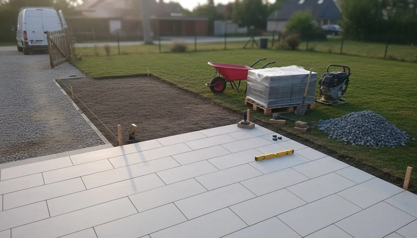 Eksisterende terrasse med forberedt græsareal, stablede 30x60 fliser og værktøj klar til udvidelse.